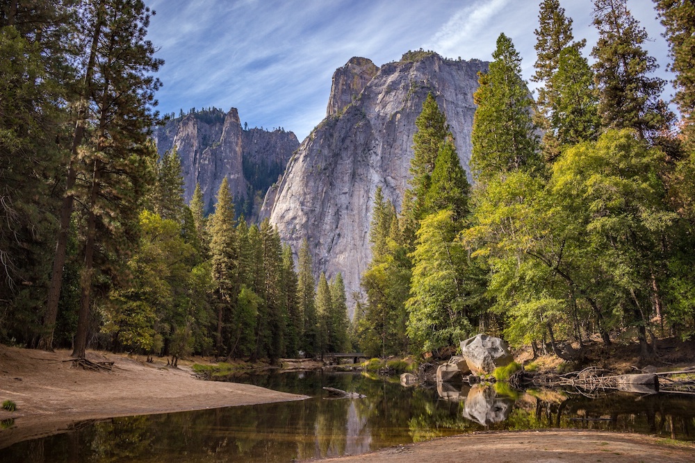 Trees lining a stream in front of a mountain